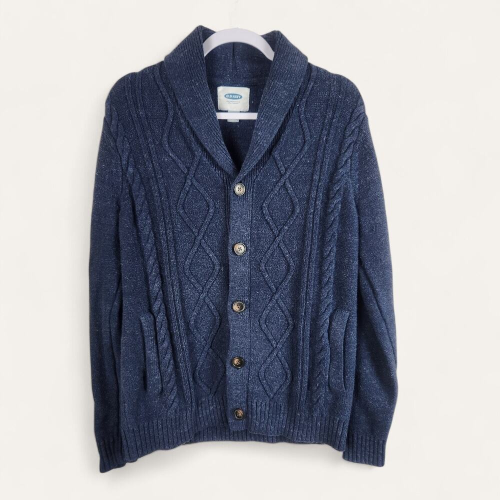 Old Navy Mens Blue Cable Knit Cardigan Medium Shawl Collar Thick Heritage Button